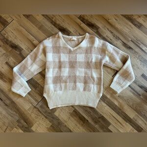 Cozy V-Neck Plaid Sweater - Cream and Tan